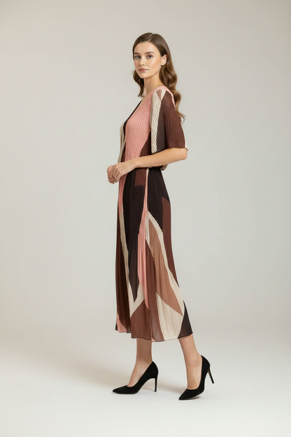 Kayla Pleated V-Neck Dress Autumnal Print