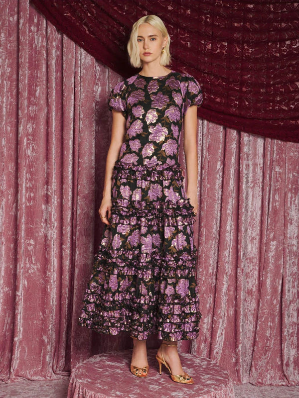 Sister Jane Amythest metallic floral jacquard tiered maxi dress in rose black