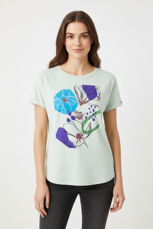 Amelia Embellished Flower T-Shirt-Mint Green