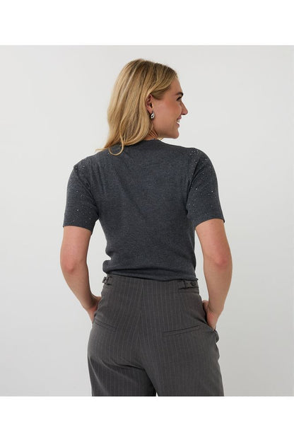 Esqualo Dark Grey Ribbed Top with Studs