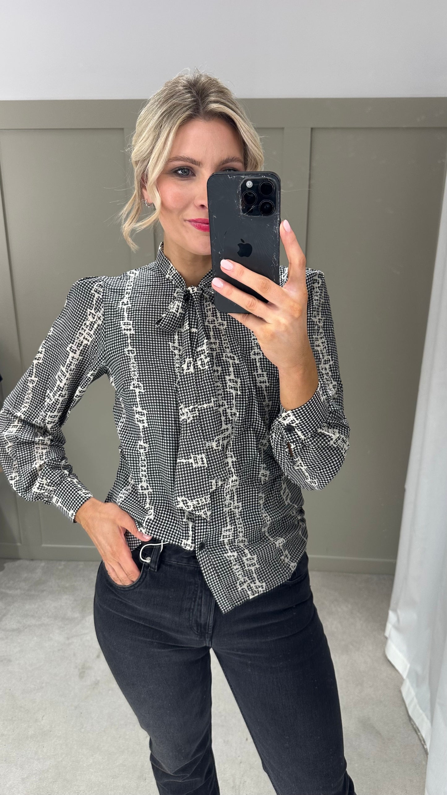 Elli White, Black and Cream Houndstooth Blouse