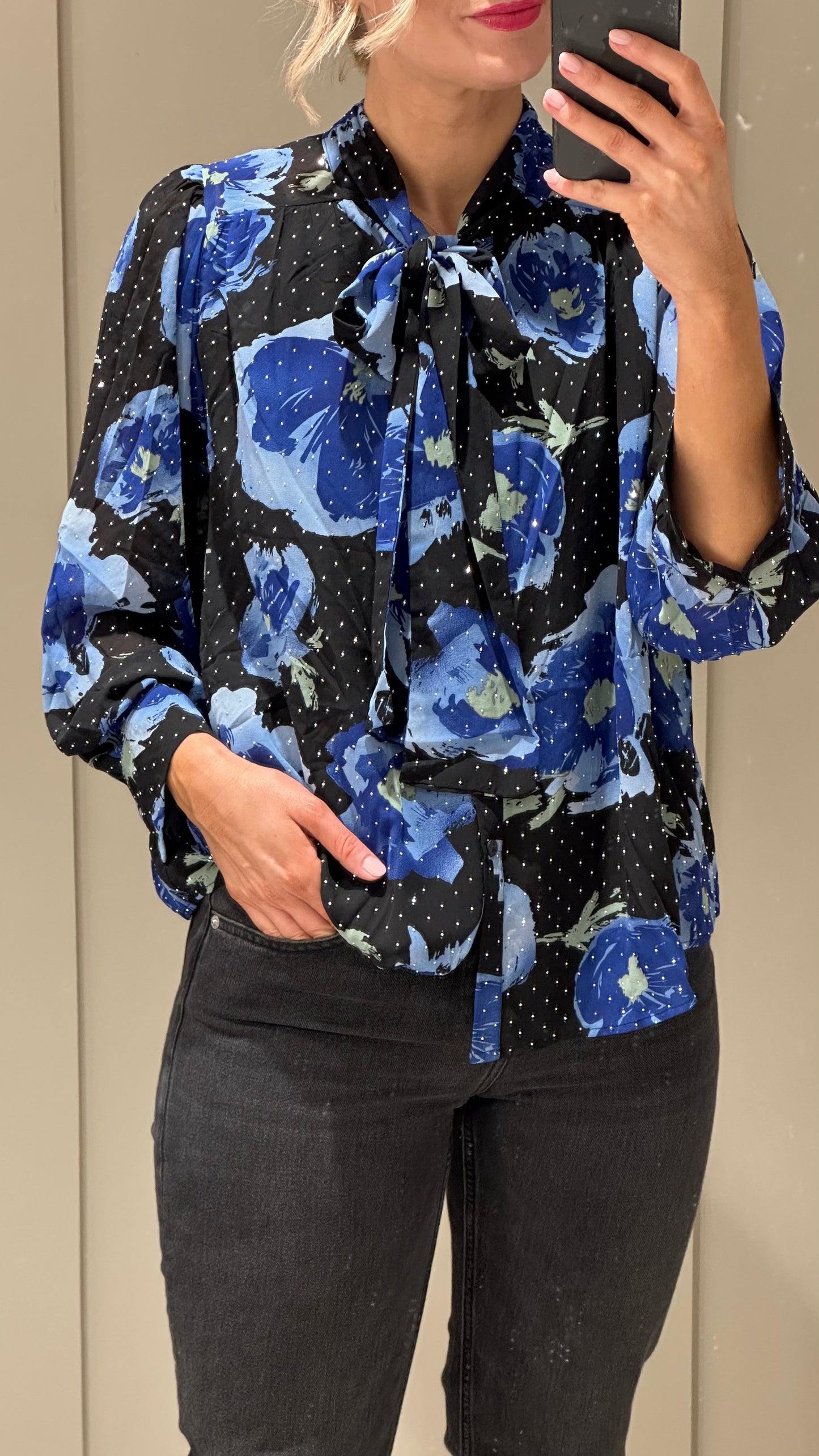 Elli White, Black/Royal Stud Detail Blouse