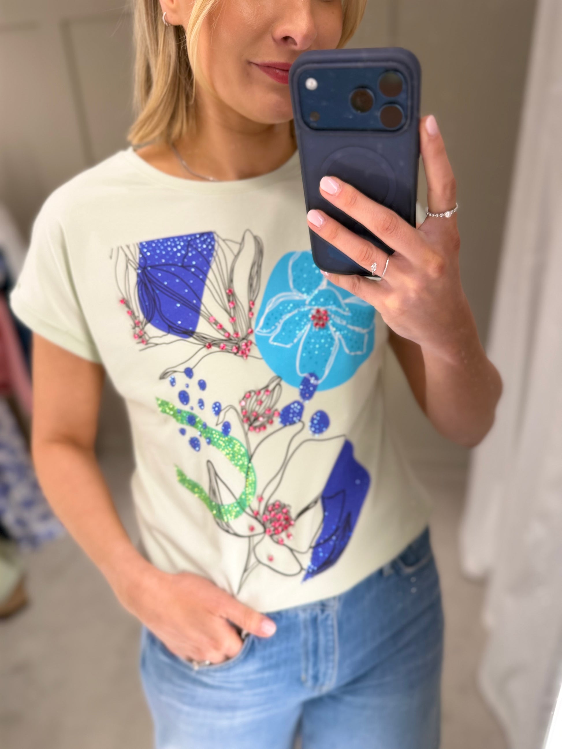 Amelia Embellished Flower T-Shirt-Mint Green