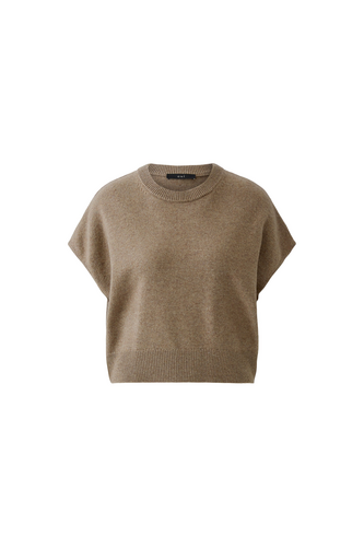 A cropped, short-sleeve knit sweater in a warm taupe-brown color, displayed against a solid white background.