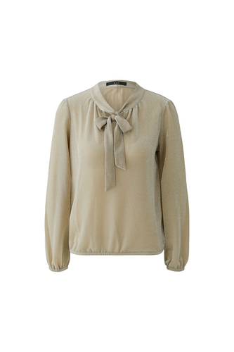 A beige long-sleeve blouse with a gathered, tie-neck bow detail, displayed on a clean white background.
