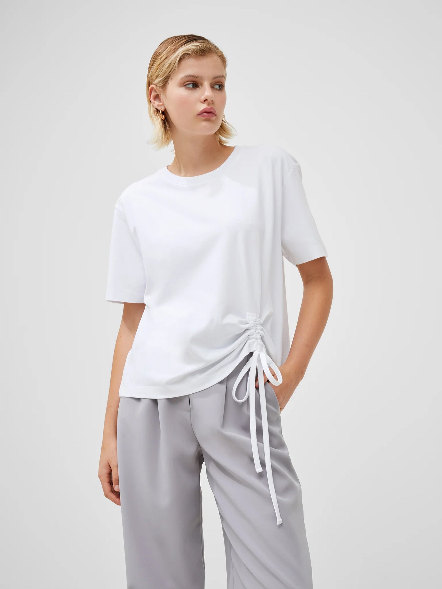 French Connection Cotton Rouched T-Shirt-Linen White