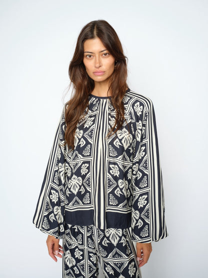 Mos Mosh Milkey Linocut Blouse Salute Navy
