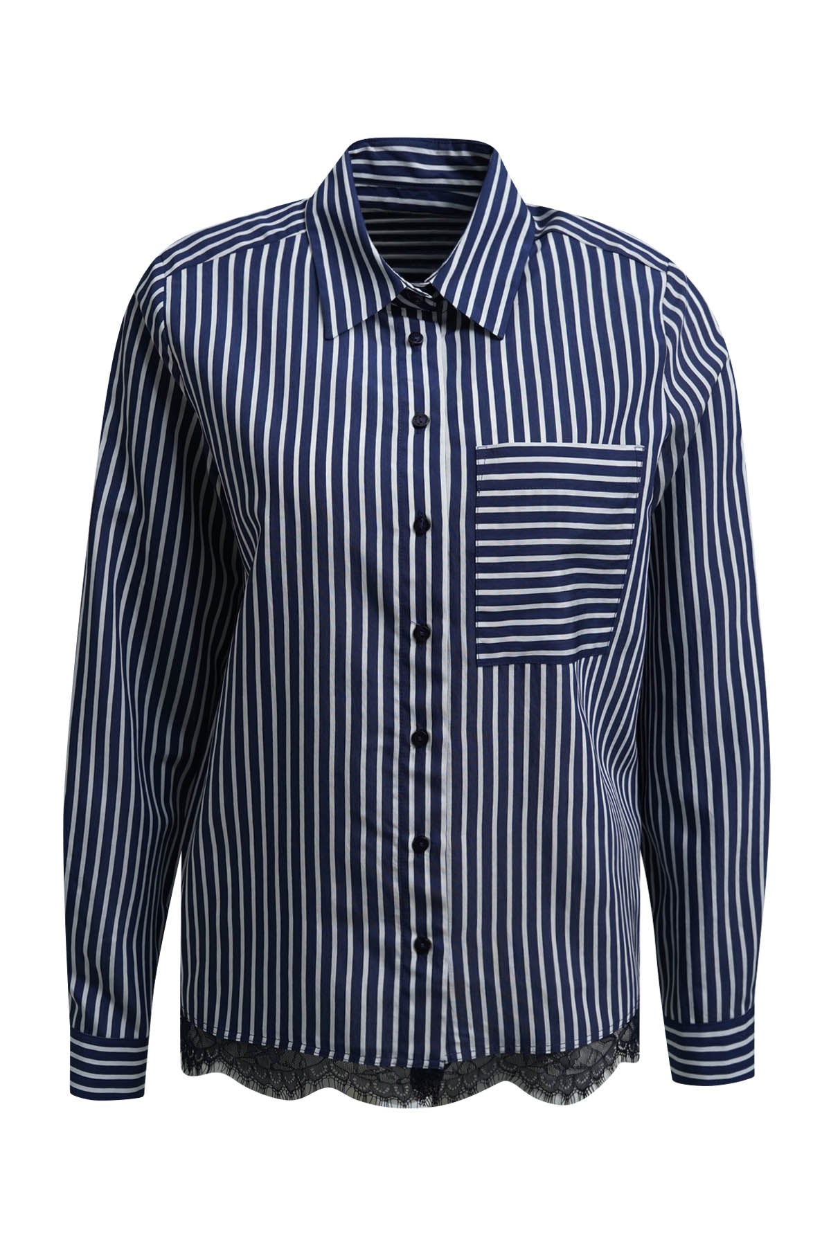Milano Lace Hem Shirt Blouse Navy Print