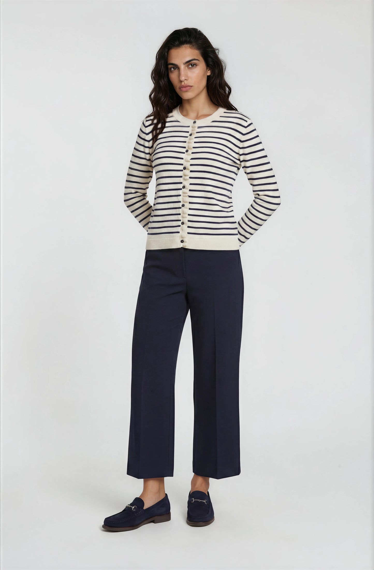 Milano Striped Ruffle Detail Cardigan Navy Print