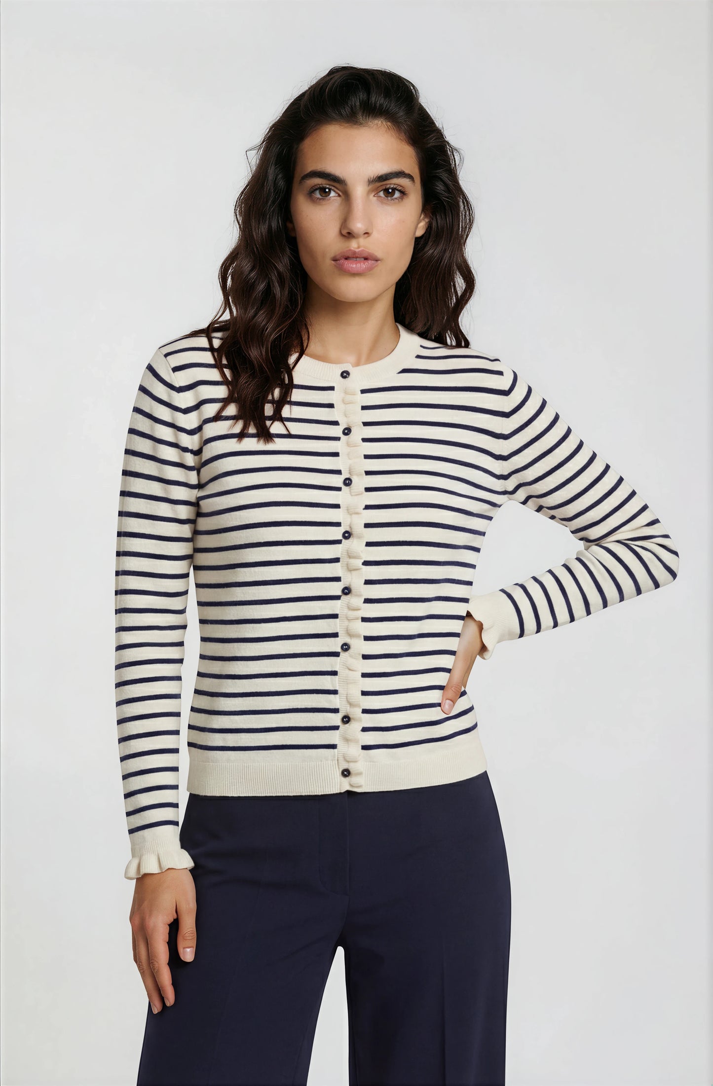 Milano Striped Ruffle Detail Cardigan Navy Print