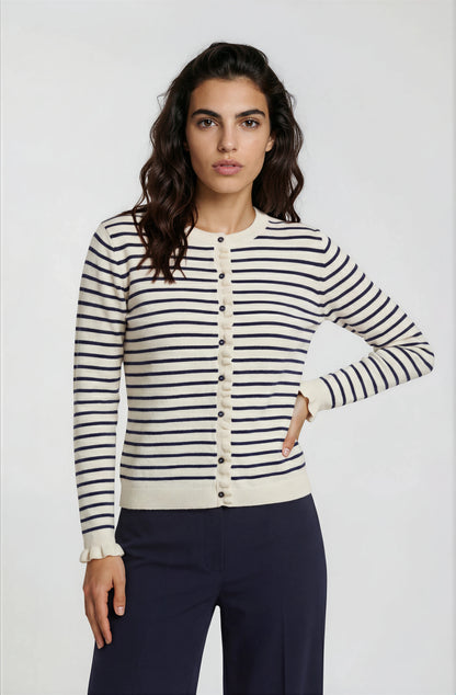 Milano Striped Ruffle Detail Cardigan Navy Print