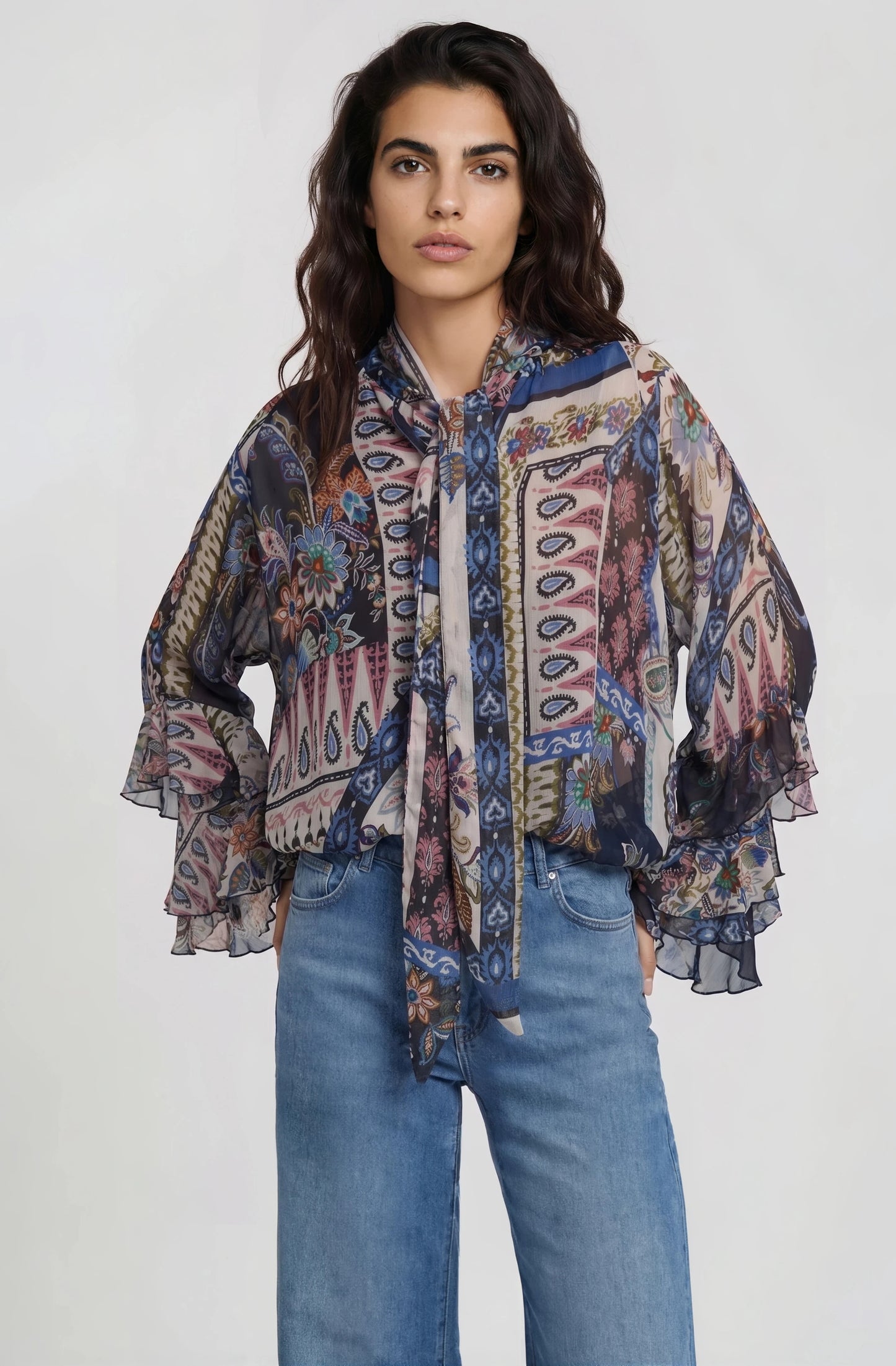 Milano Bow Tie Blouse Navy Print
