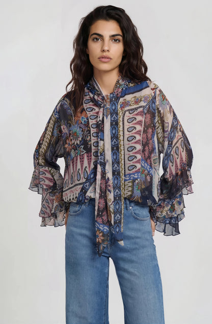 Milano Bow Tie Blouse Navy Print