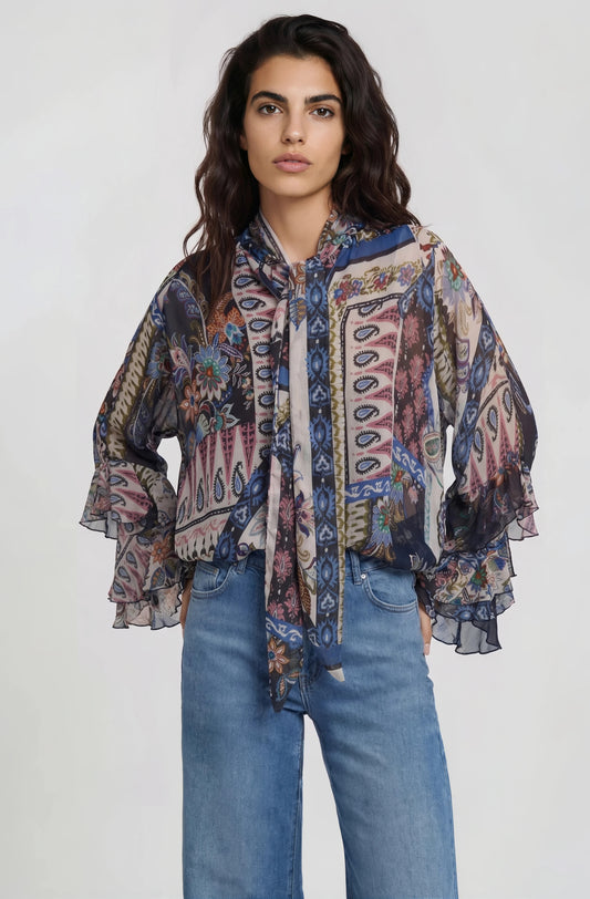 Milano Bow Tie Blouse Navy Print
