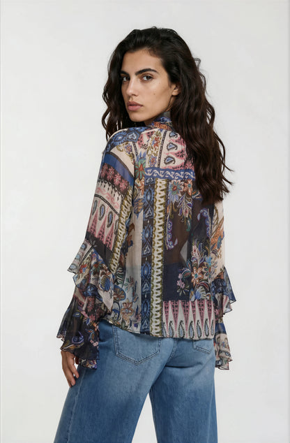 Milano Bow Tie Blouse Navy Print