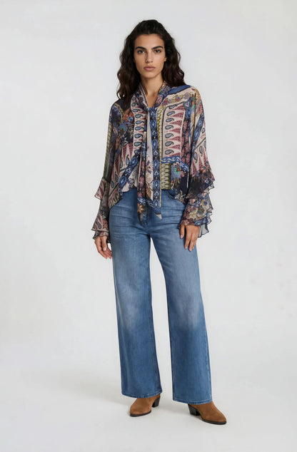 Milano Bow Tie Blouse Navy Print