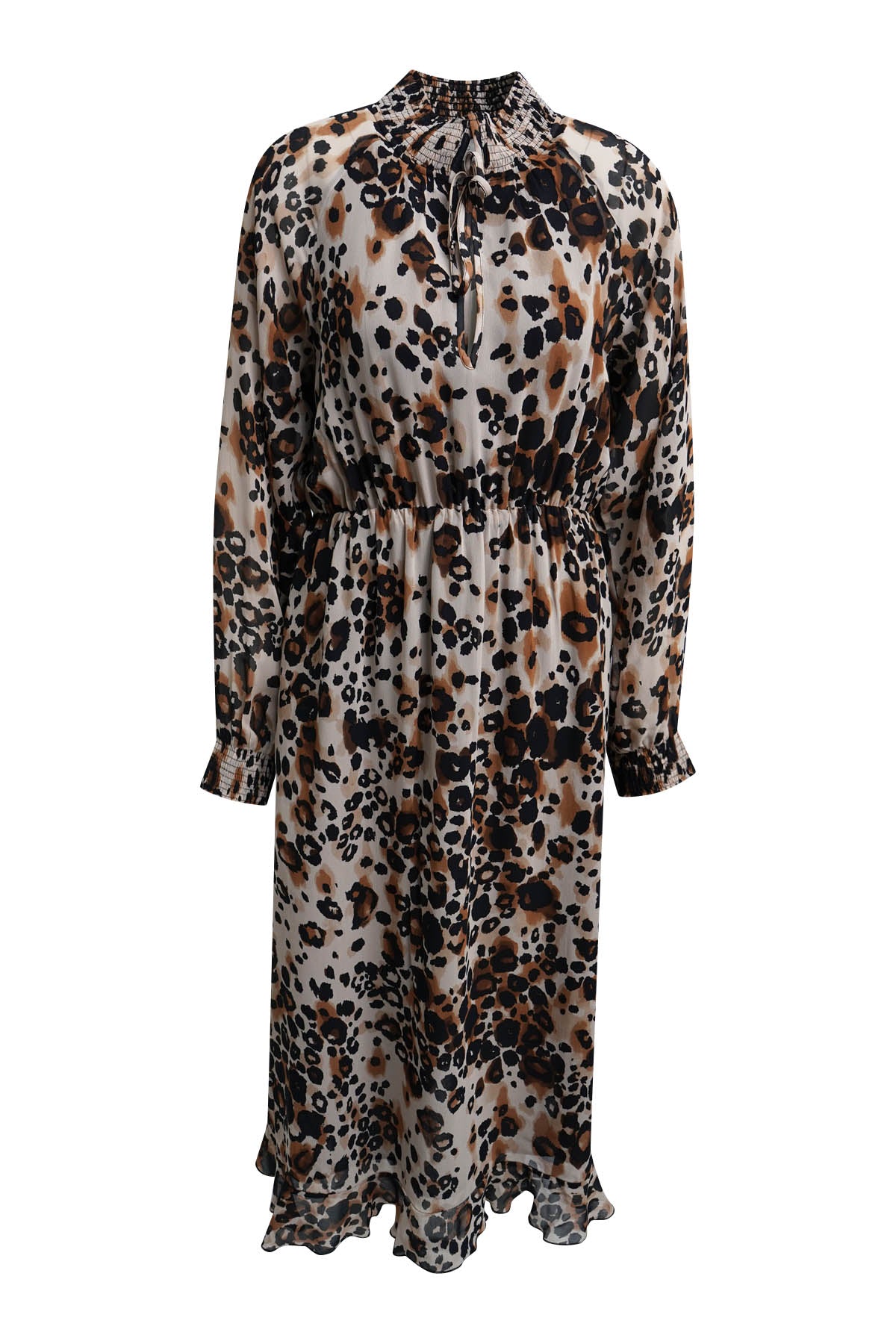 Milano Tie Neck Ruffle Dress Mocca Print