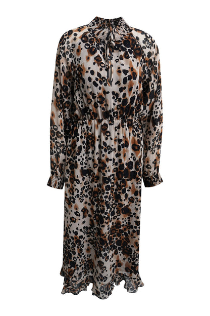 Milano Tie Neck Ruffle Dress Mocca Print