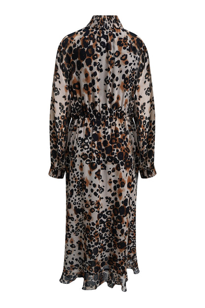 Milano Tie Neck Ruffle Dress Mocca Print