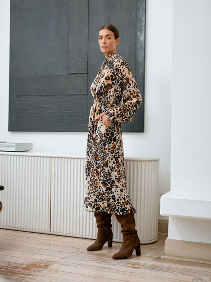 Milano Tie Neck Ruffle Dress Mocca Print