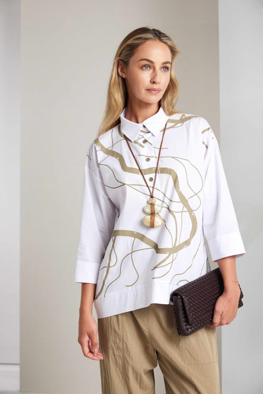 NAYA Placket Print Top White/tan