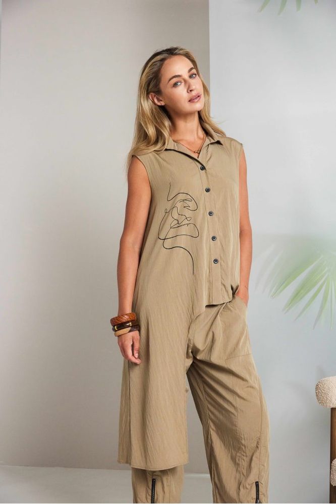 NAYA Long Side Print Top Tan