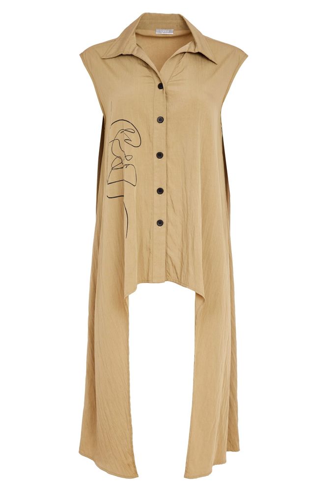 NAYA Long Side Print Top Tan