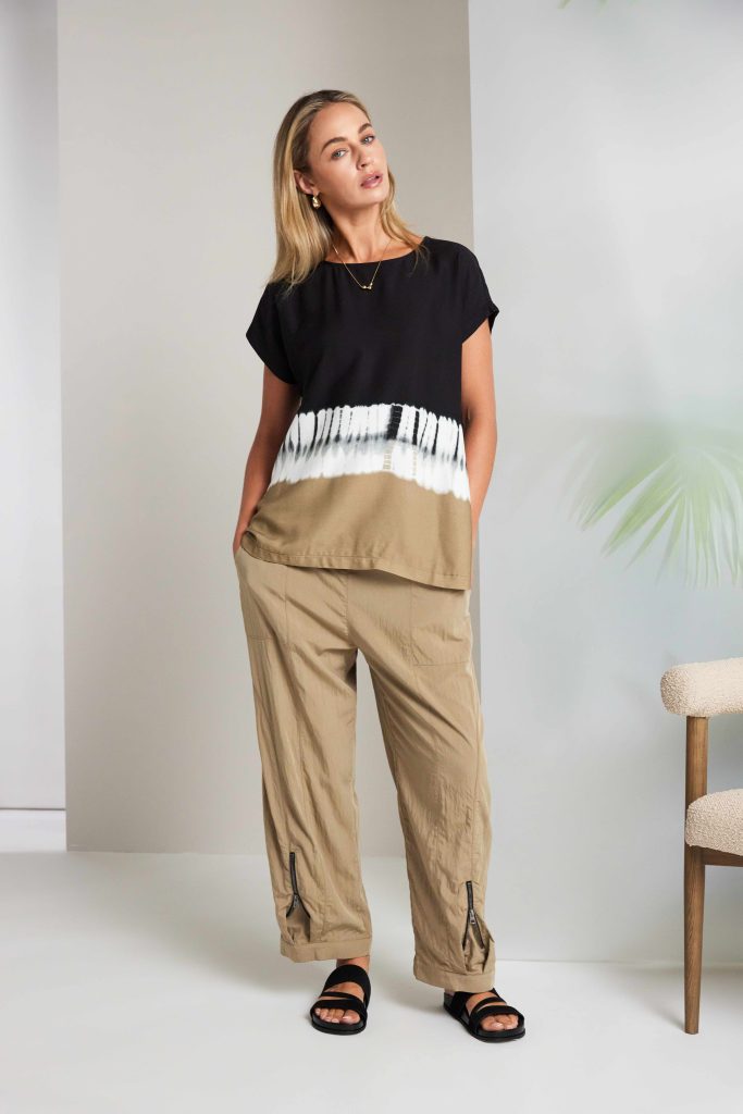 NAYA Border Print Tie Dye Top Black/tan