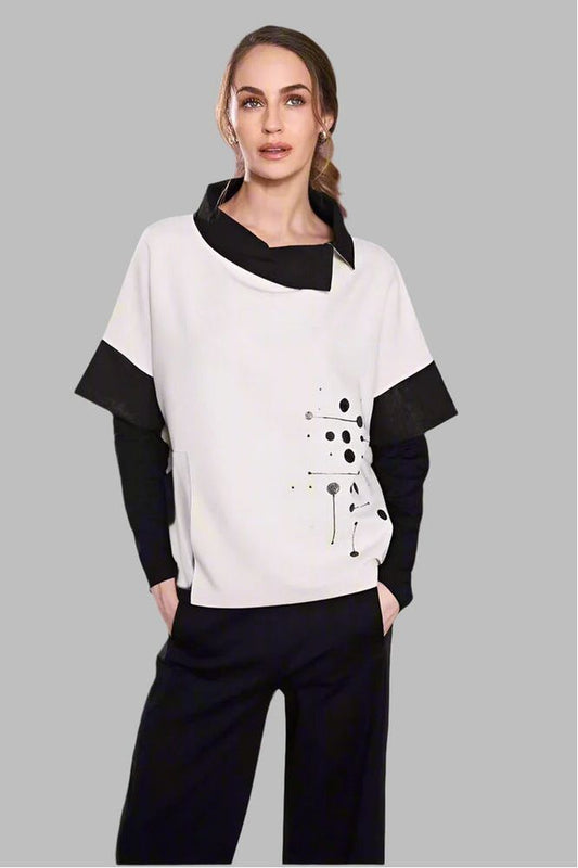 NAYA Placement Print Top With Collar Black/Sand