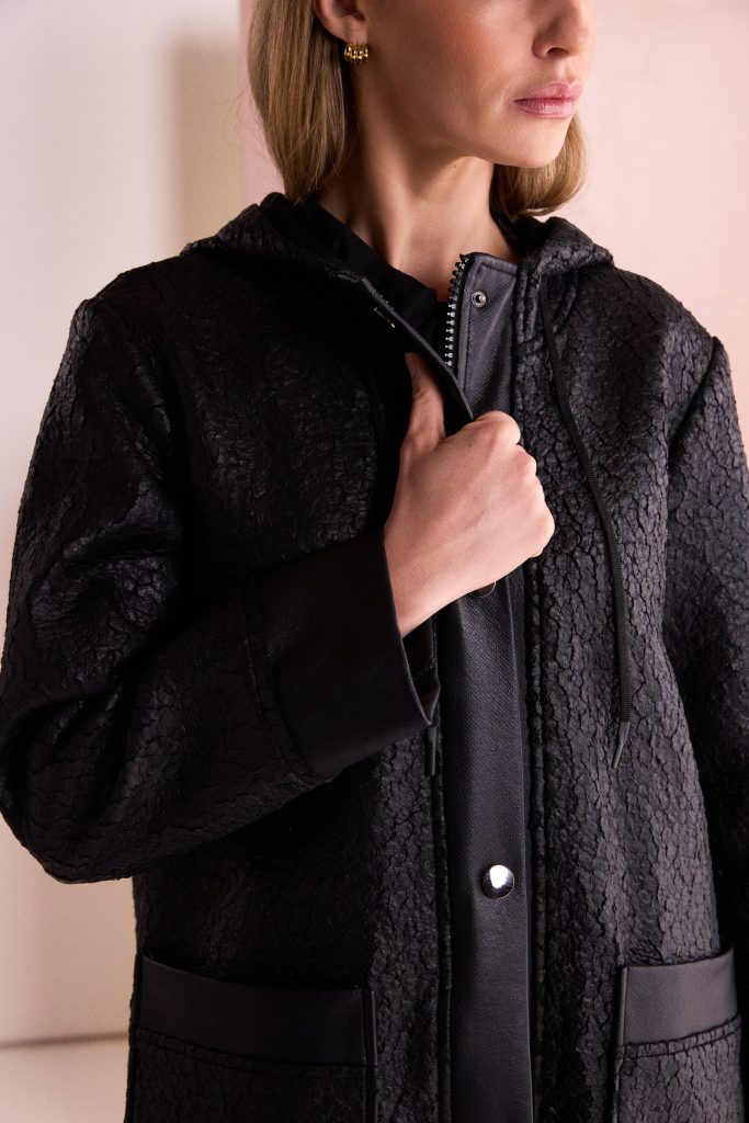 Naya Jaquard Leather Look Coat Black