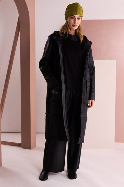 Naya Jaquard Leather Look Coat Black