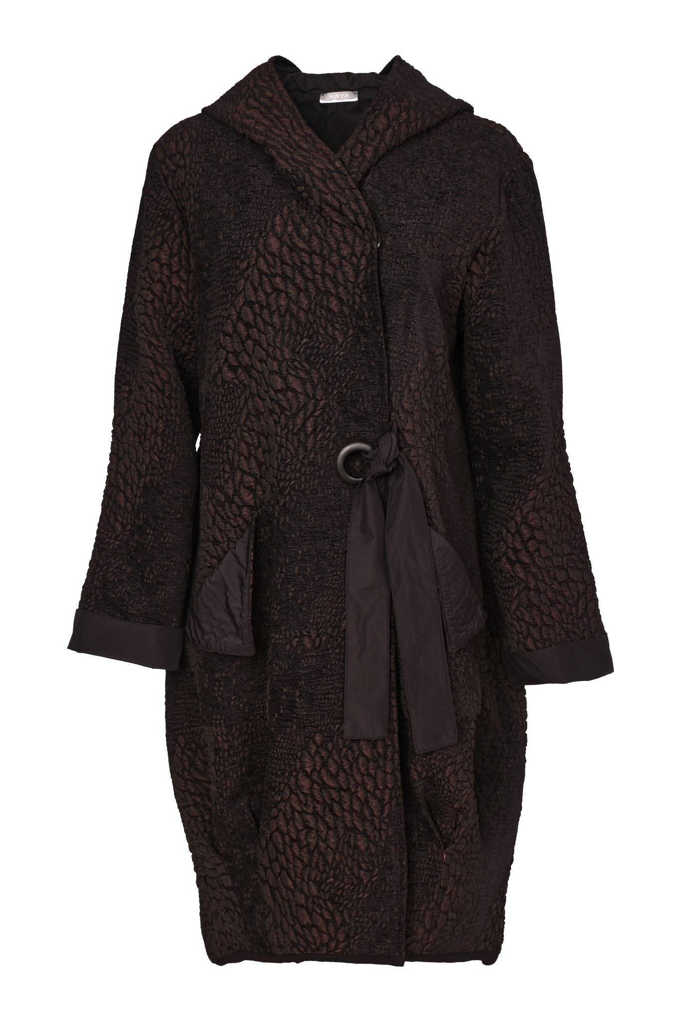 Naya Jaquard Coat With Ring Tie Detail Black/Choko