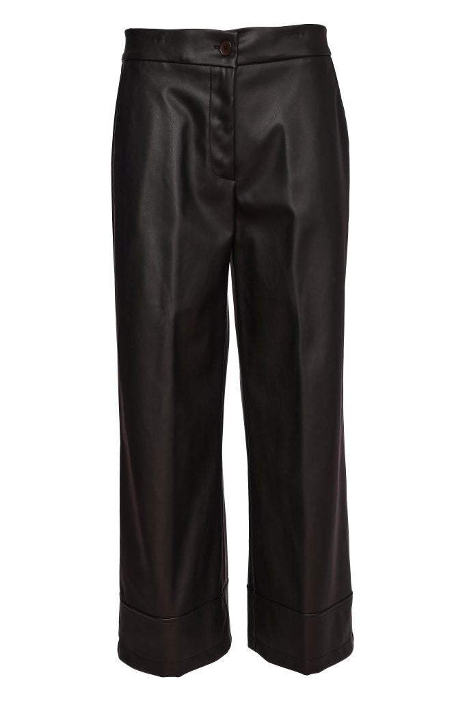 Naya Wide Leg Leatherette Trousers-Black