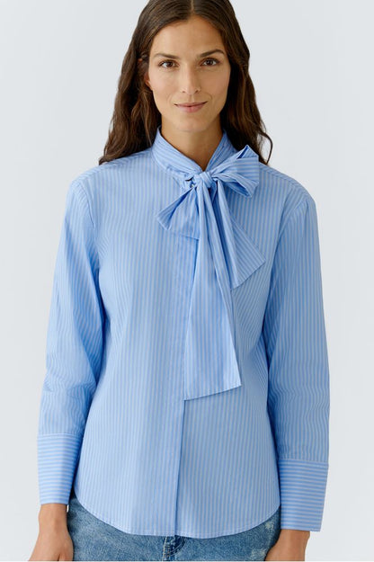 Oui Blue Striped Bow Blouse