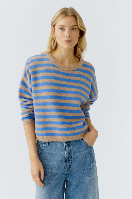 Oui Camel Blue Striped Pullover