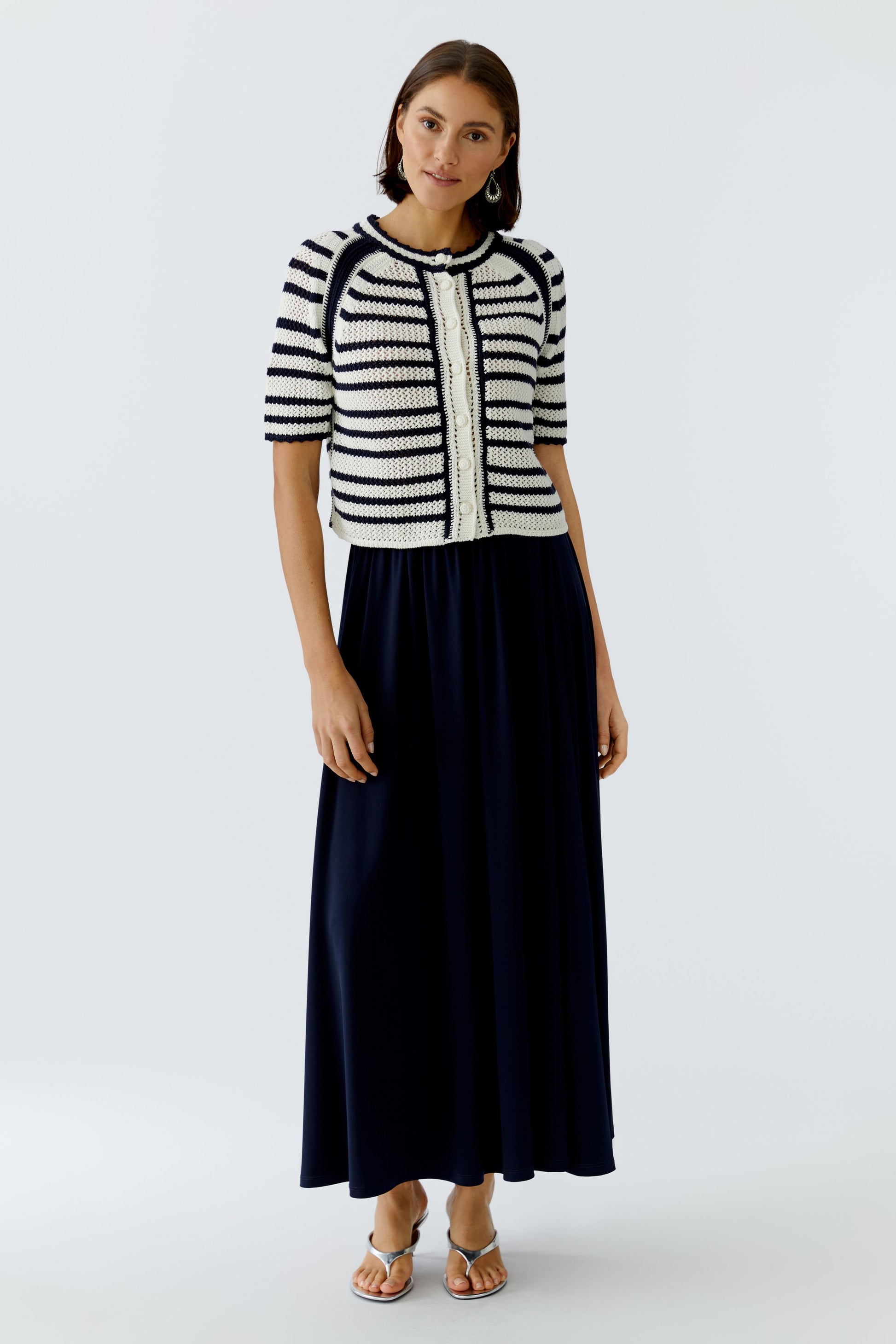 Oui Striped Cardigan White/Blue 97489