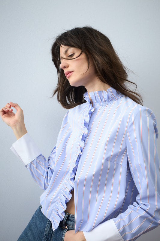 Oui  Light Blue Rose Red Blouse 96070