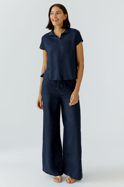 Oui Dark Blue Linen Blouse 97224