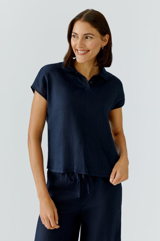 Oui Dark Blue Linen Blouse 97224
