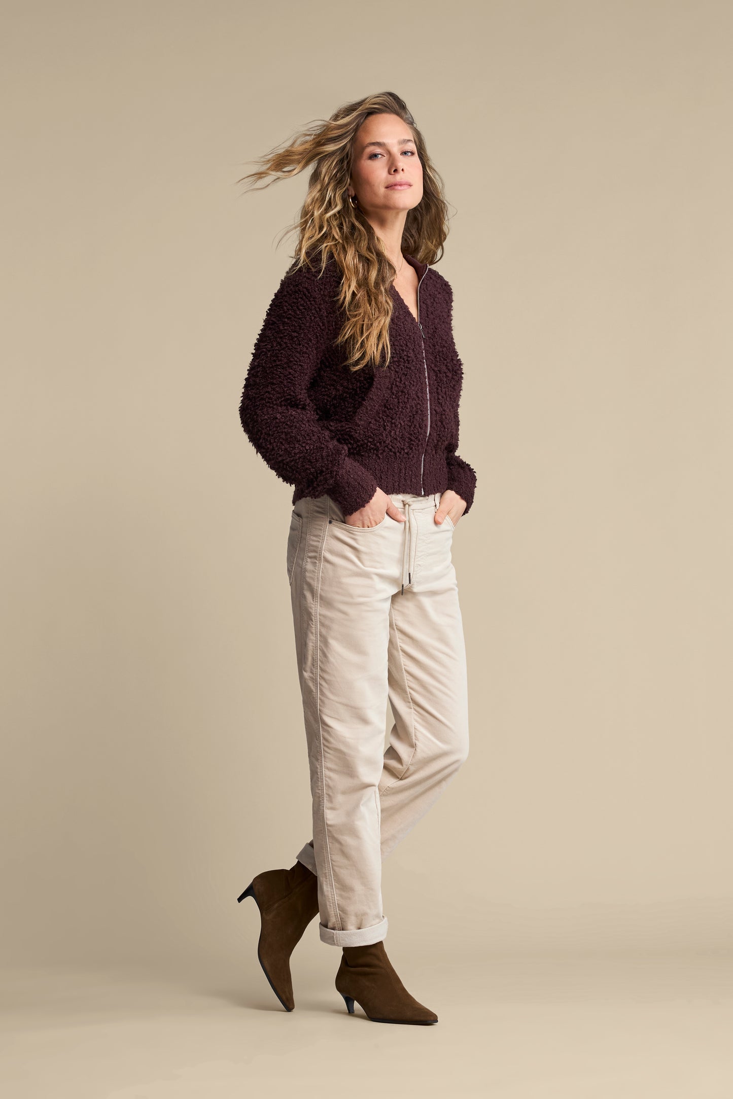Red Button Knit Boucle Bomber Burgundy