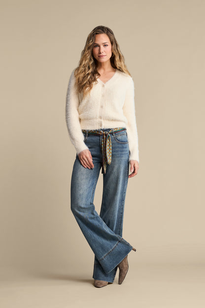 Red Button Fuzzy Cardigan Cream