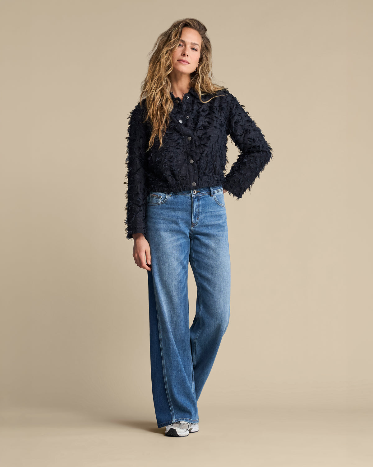Red Button Bomber Fringes Jacket Navy