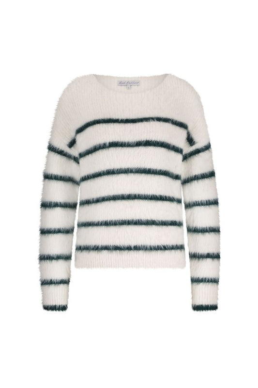 Red Button Fuzzy Sweater & Stripe