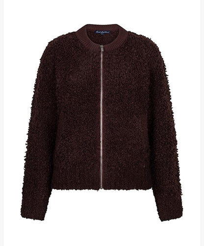 Red Button Knit Boucle Bomber Burgundy