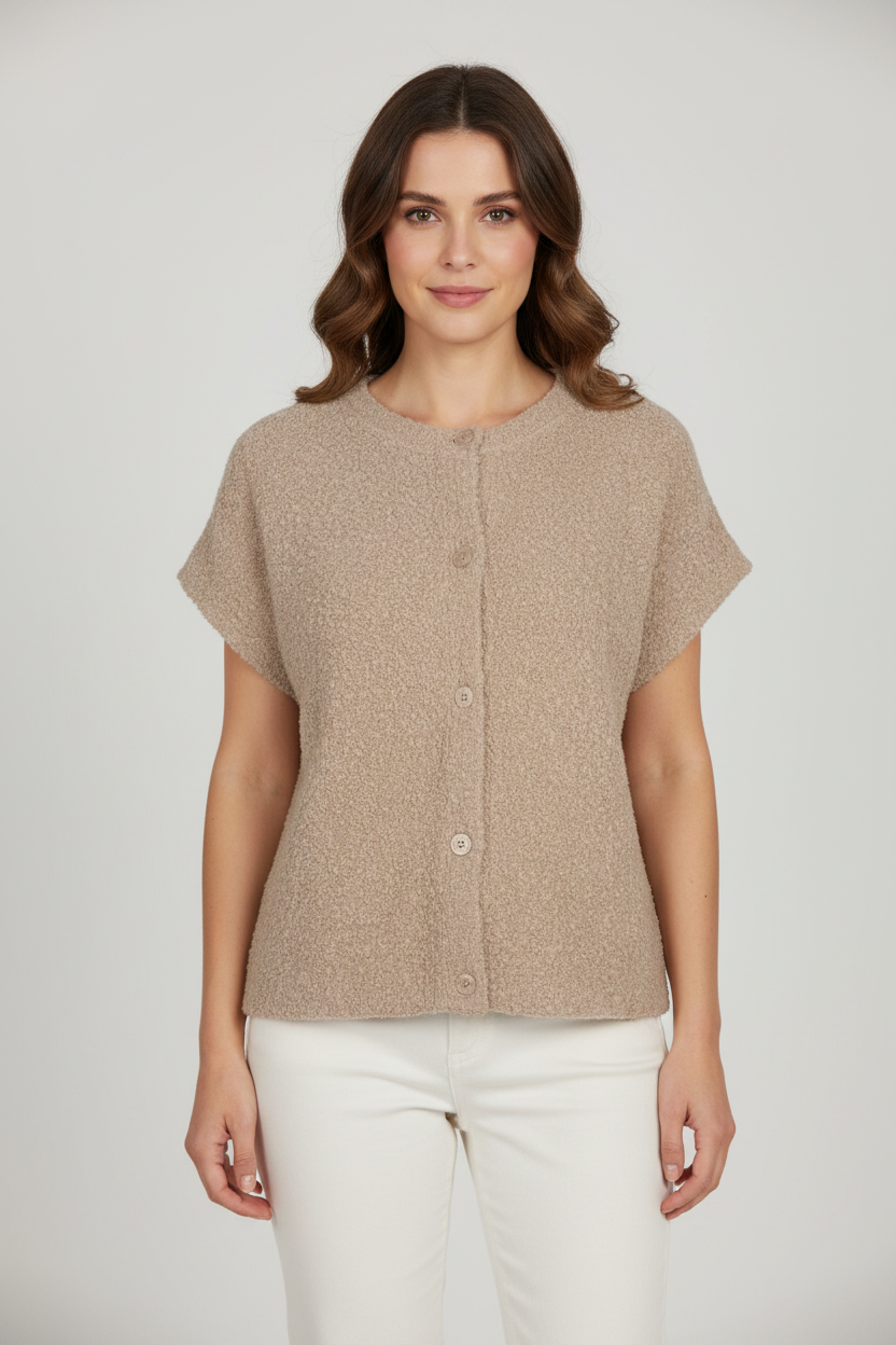 Red Button Knit Boucle Top Latte