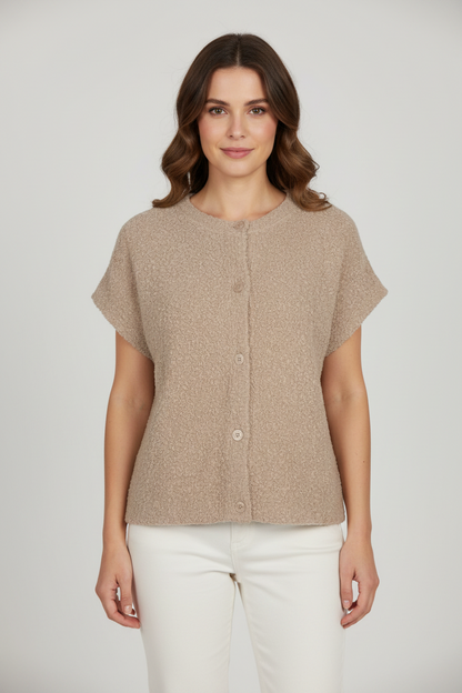 Red Button Knit Boucle Top Latte