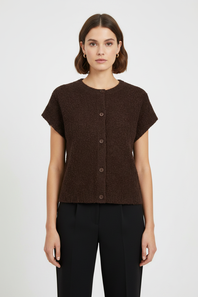 Red Button Knit Boucle Top Espresso