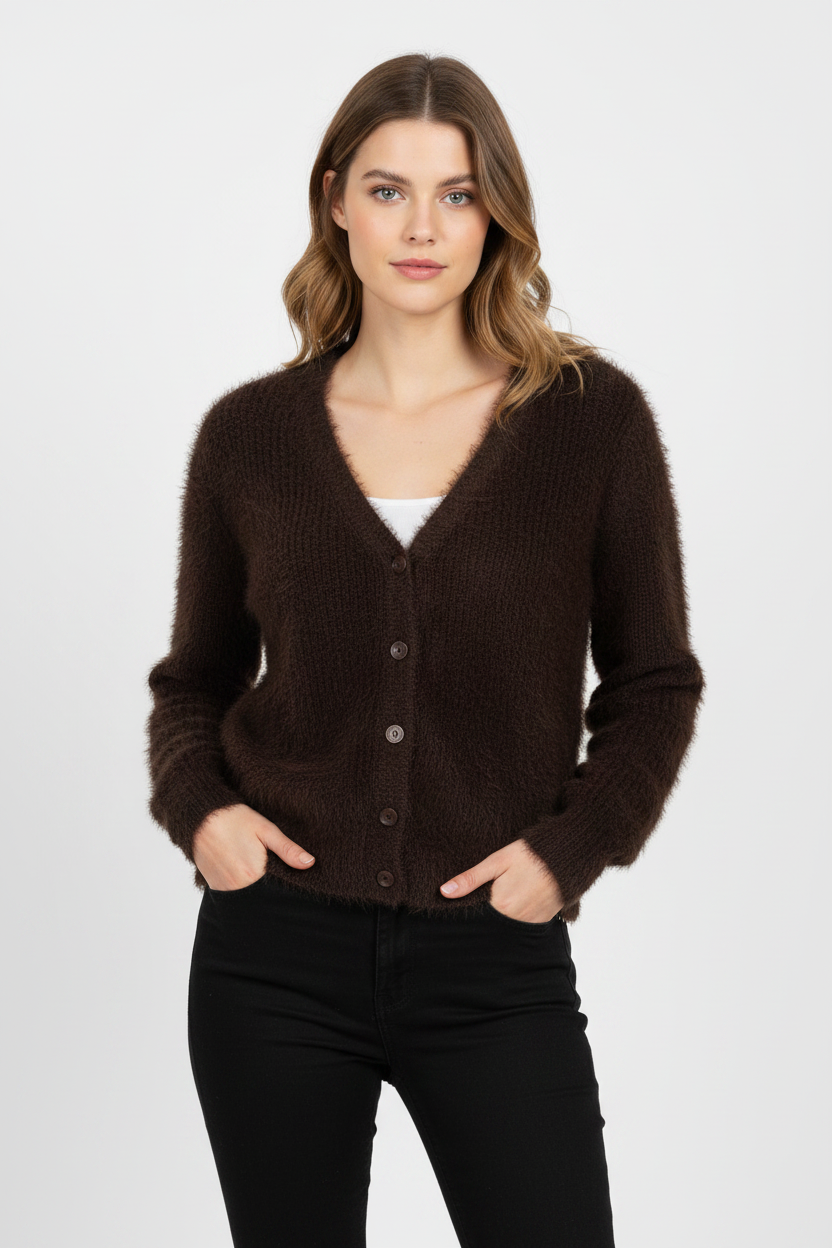 Red Button Fuzzy Cardigan Espresso