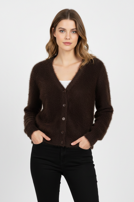 Red Button Fuzzy Cardigan Espresso