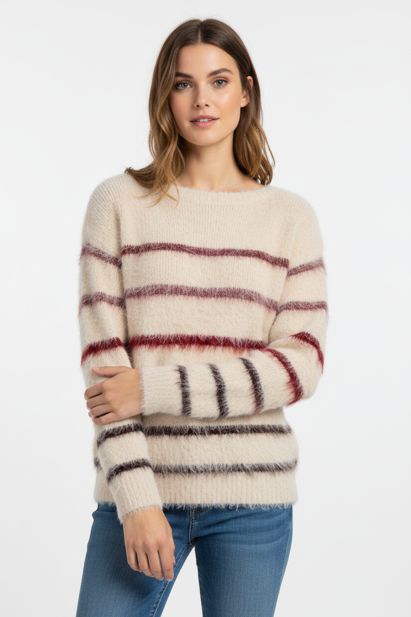 Red Button Fuzzy Stripe Sweater Creme/Burgundy